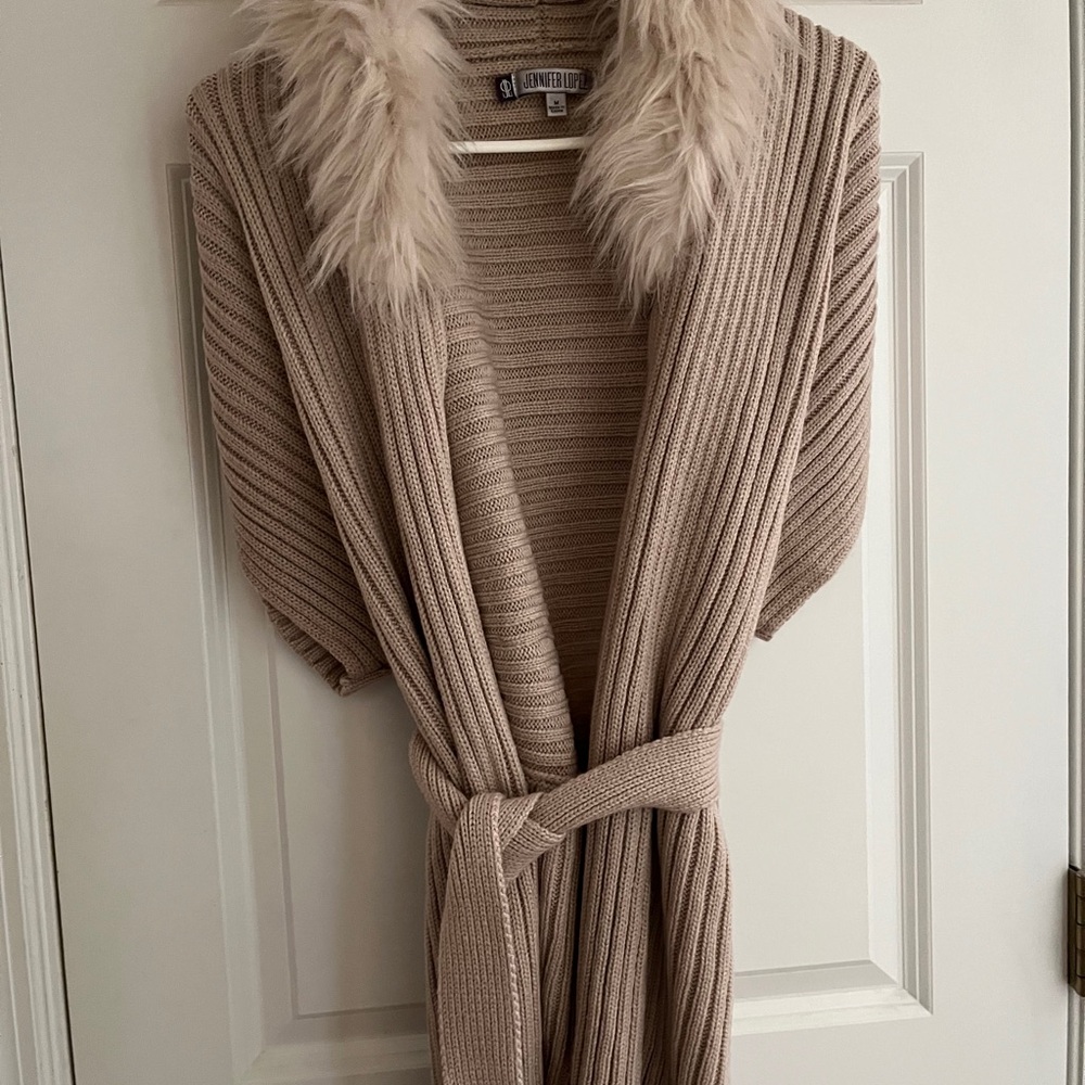 Jennifer Lopez Tan Cardigan with Plush Collar and Belt